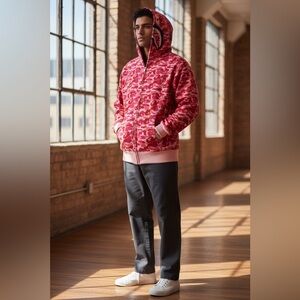BAPE A Bathing Ape Pink Red Camo Shark Full Zip Hoodie Size Small